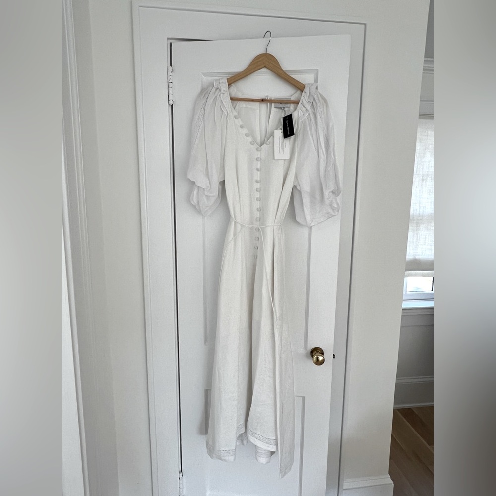 Joslin Studio NWT puff sleeve dress, white linen.